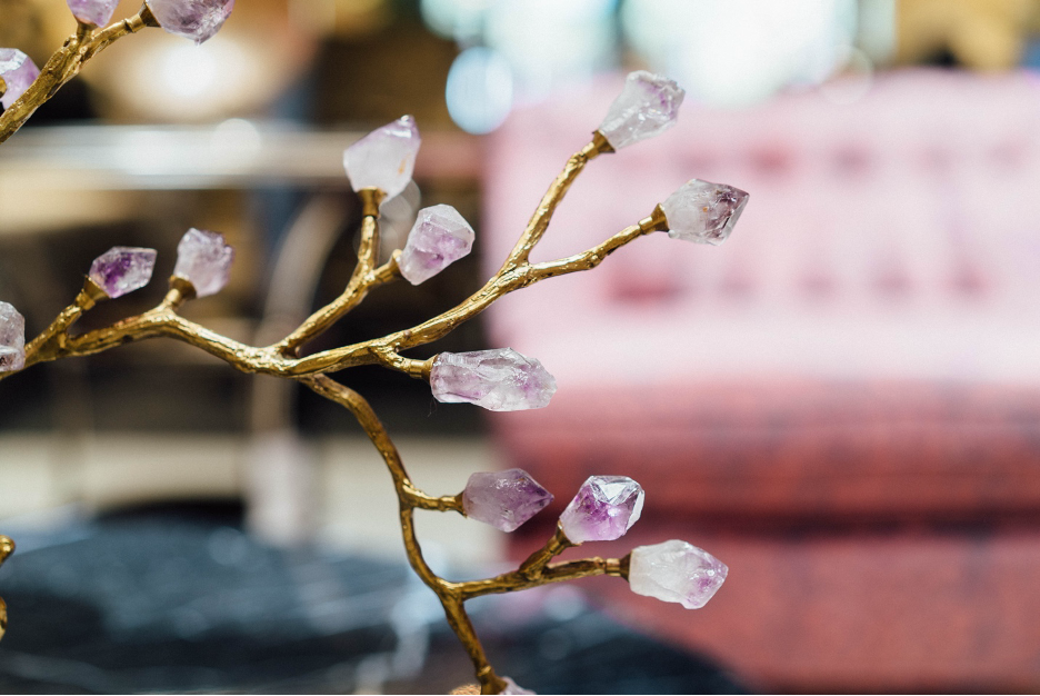 detail shot of branch decor with gem stones