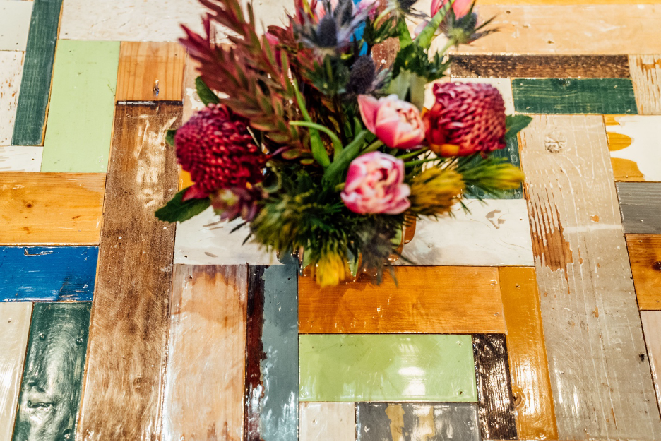 A colorful table with flowers